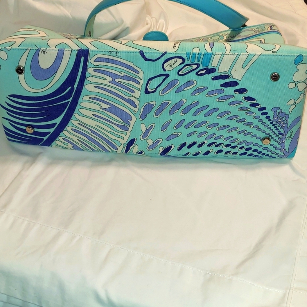 EMILIO PUCCI-Vintage authentic Pucci print Blue,Turquoise Canvas & Leather bag - Picture 4 of 15